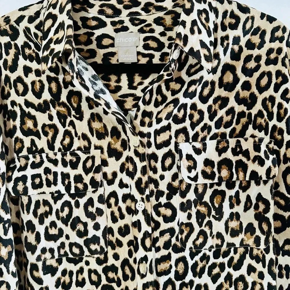 Chico’s leopard print button down long sleeve blouse size 2 12/14 - Picture 5 of 12